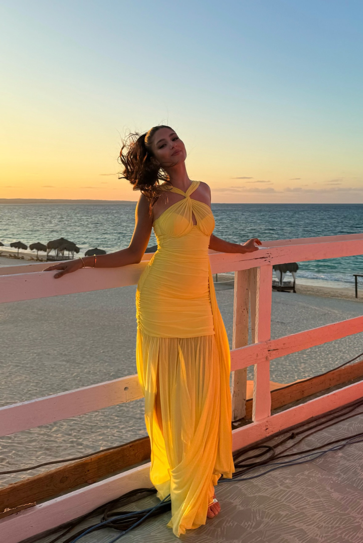 short blue halter dress Yellow