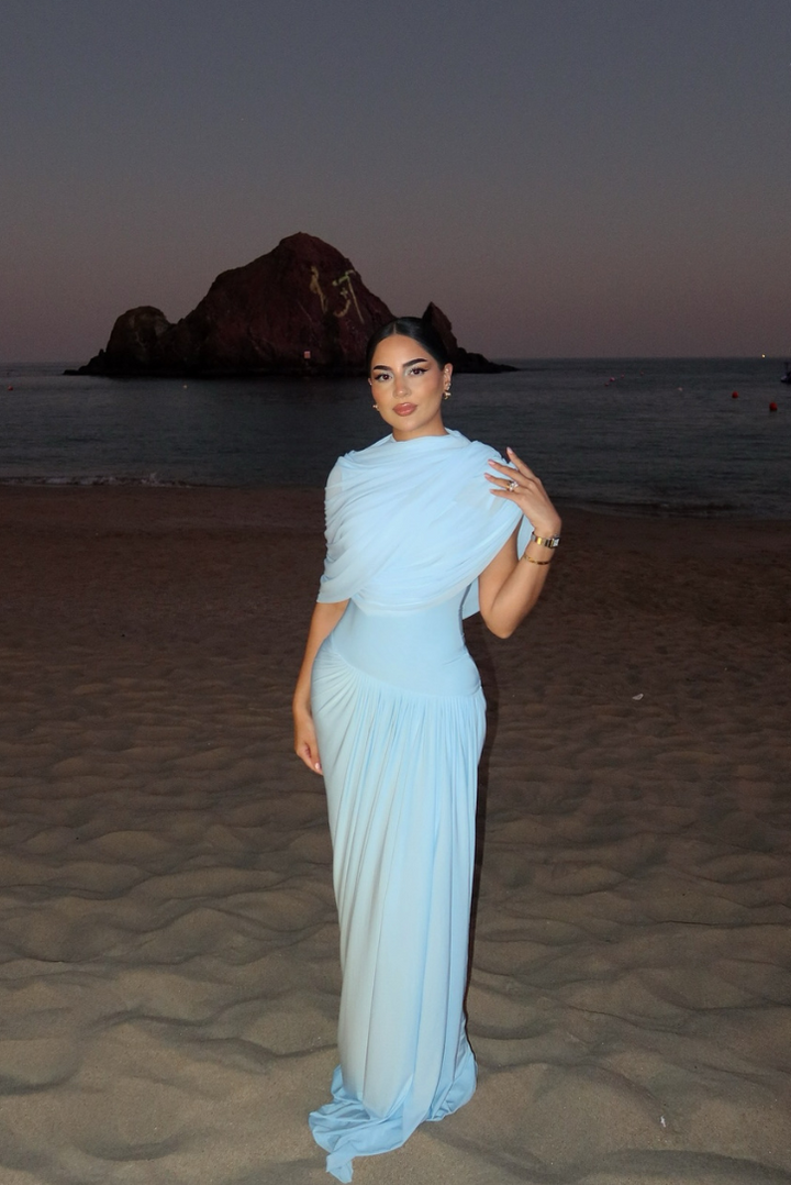 Women's Blue Maxi Dress Crew Neck Sleeveless Pleated Draped Asymmetric Formal Evening Gown by Angel Lane Clothing