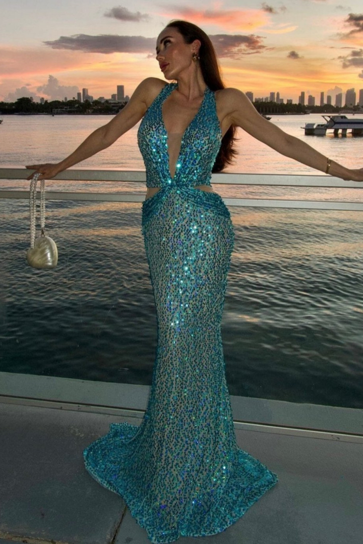 green emerald velvet dress Ariella | High Neck Maxi Dress main image 0