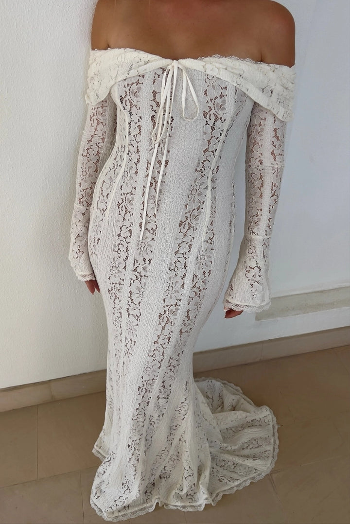 chinese dress ladies Georgette Lace Maxi- Ivory