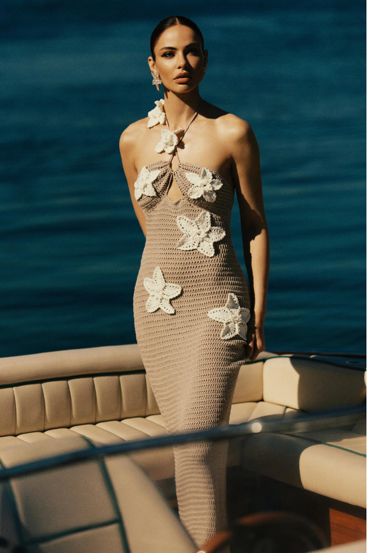 Women's Nude Crochet Maxi Dress Halter Neck Fishtail Hem Unlined Special Occasion Style by Angel Lane Clothing