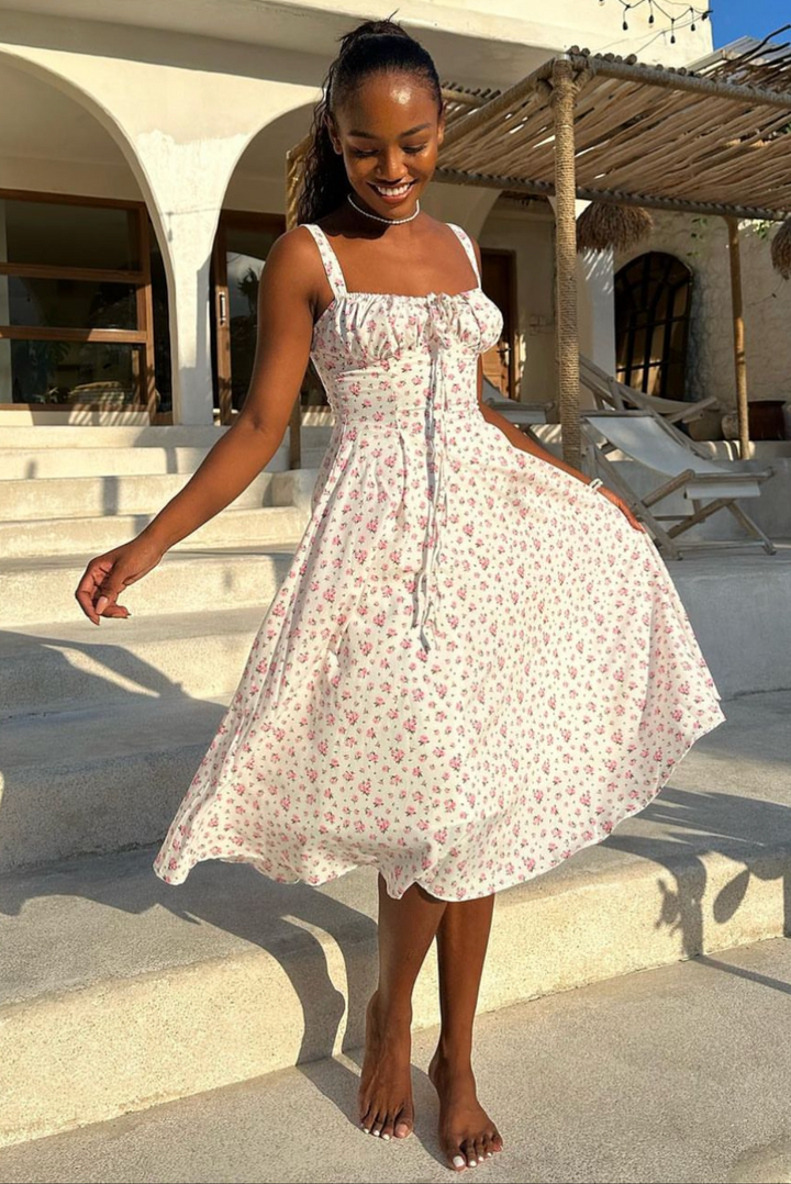 Women's White Floral Midi Dress Sweetheart Neck Corset Back Evening Party by Angel Lane Clothing